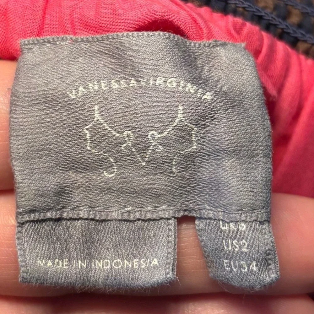 Vanessa Virginia Anthropologie Pink Yellow Abstract Cotton Smocked Skirt Sz 2 XS